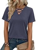 Totatuit camiseta mujer cuello en V unicolor manga corta top elegante con detalle cruzado ideal para primavera y verano Azul Marino，L
