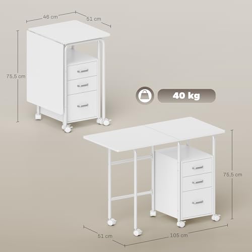 HOMCOM Bureau Pliable sur roulettes avec 3 Tiroirs 105x51x75,5cm Blanc – vue 3