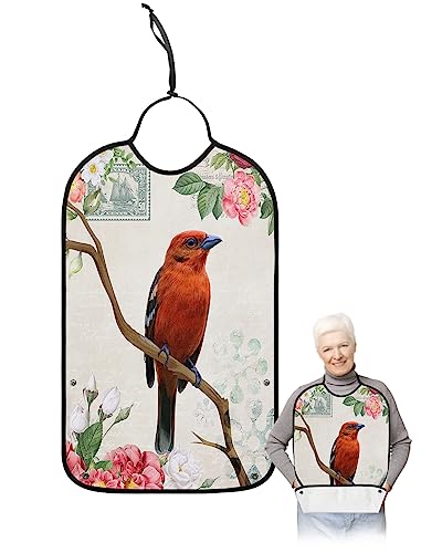 Spring Floral Red Brid Adult Bibs for Eating, Waterproof Bibs with Food Catcher & Adjustable Snap Closure, Summer Flower Farmhouse Rustic Washable Clothing Protectors Adult Bibs for Elderly Women/Men