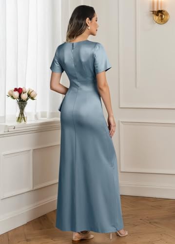 VCCICANY Short Sleeve Mother of The Bride Dresses for Women Satin V Neck Ruched Long Evening Formal Gowns2