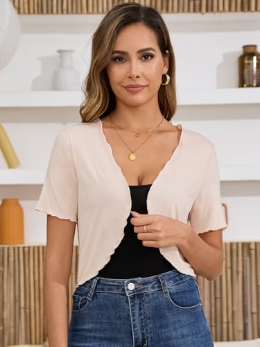 Image of Women Summer Short Sleeve Shrug Cropped Wave Edge Open Front Capes Lightweight Bolero Shrug Cardigan