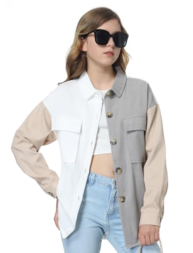 Image of Mebius Girls Shacket Jacket Long Sleeve Plaid /Corduroy Color Block Button Down Casual Collared Shirt with Pocket