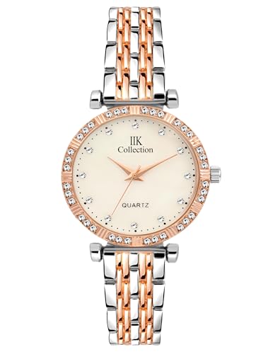Image of IIK COLLECTION Watches for Women Round Studded Dial |Analogue Quartz Movemnet Ladies Watch|Long Battery Life|Stainless Steel Adjustable Bracelet Chain Strap|Double Lock Clasp Safety Watches for Girls