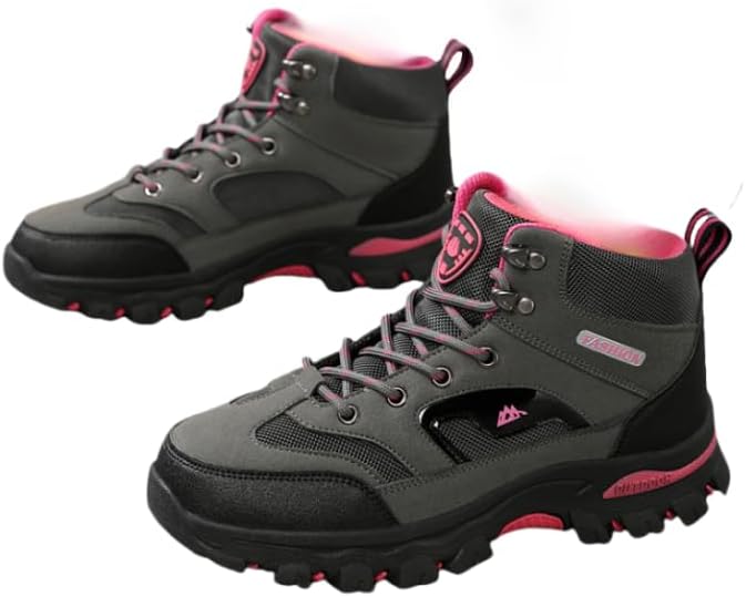 Women's Versatile All-Season Hiking Boots - Breathable, Non-Slip Traction Sole, Lace-Up Outdoor Sports Shoes in Black & Pink with Rubber Sole for Trekking & Mountaineering