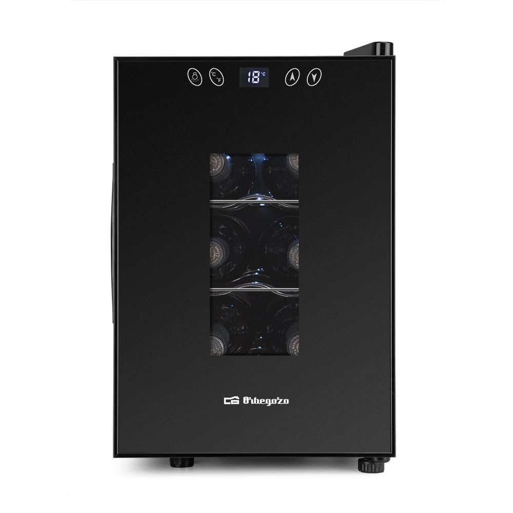 Orbegozo VT 630 Vinoteca de 6 Botellas Volumen 17 Litros Panel Táctil Pantalla Digital Termostato Regulable 11-18°C Luz LED Interior Silenciosa Estantes Cromados 55W