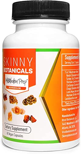 Skinny Botanicals Mushroom Supplement, 7 Mushroom Blend - Reishi, Turkey Tail, Shiitake, Cordyceps, Chaga, Lion’s Mane & Maitake + Probiotics For Metabolism Support & Gut Balance | 60 Vegan Caps #TOP4