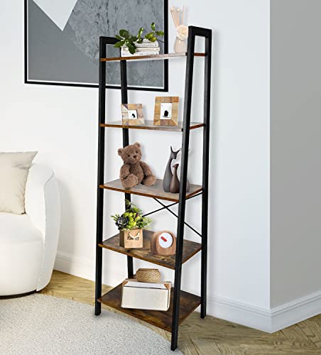 No More Tag Ladder Bookshelf, 5-Tier Ladder Shelves, Ladder Bookcase Plant Stand Rack, Utility Organizer Shelves Display Rack, Free Standing Industrial Style Bookcase For Kitchen, Home Office, Balcony #TOP27
