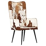 vidaXL Sillón Orejero Sofá con Botones Asiento Acolchado Butaca Silla de Ocio Salón Sala de Estar Dormitorio de Pelo Cuero Auténtico Marrón y Blanco