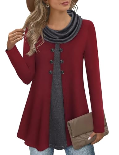 Image of GUUKA Women Casual Long Sleeve 2 in 1 Jumpers Sweatshirt Ladies Cowl Neck Fall Pullover Winter Sweaters Tunic Tops with Buttons for UK(Wine Red,M)