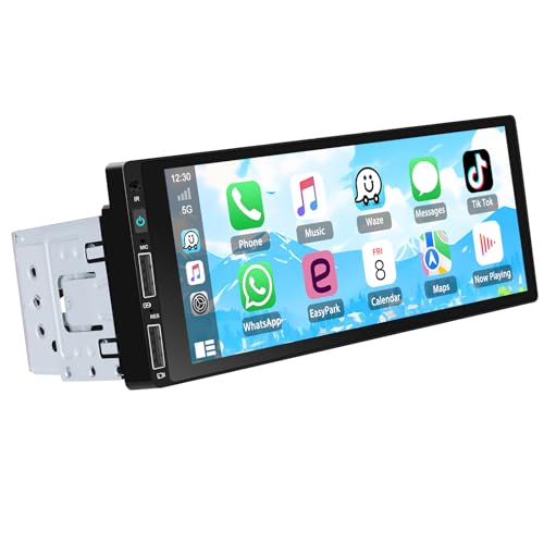 Autorradio Podofo 1 DIN con Carplay y Android Auto, Pantalla Táctil HD de 6,86'' Estéreo para coche, Bluetooth 5.0, Retroiluminación Colorida,FM,Ecualizador,AUX,USB,Tarjeta TF y Cámara de Marcha Atrás