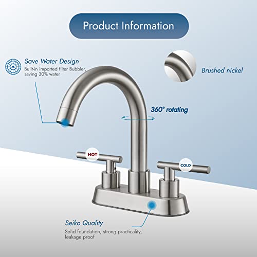 Cinwiny Bathroom Sus304 4 Inch Centerset Sink Faucet Brushed Nickel Double Handles Swivel Spout Deck Mount Mixer Tap With Pop-Up Drain Lavatory Bathroom Vanity Faucets #TOP2