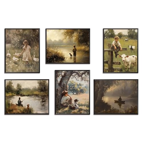 Vintage Countryside Wall Art Set of 6, Unframed Canvas Prints Rustic Farmhouse Nature Landscape Posters, Retro Children and Animal Painting Pictures for Living Room Bedroom Home Decor 8x10 Inch