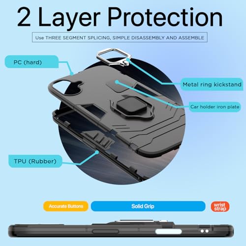 Image of Pikkme D5 Tough Armor Back Cover | 360 Protection Case | Ring Holder Stand Bumper Case for iPhone 16 (Black)