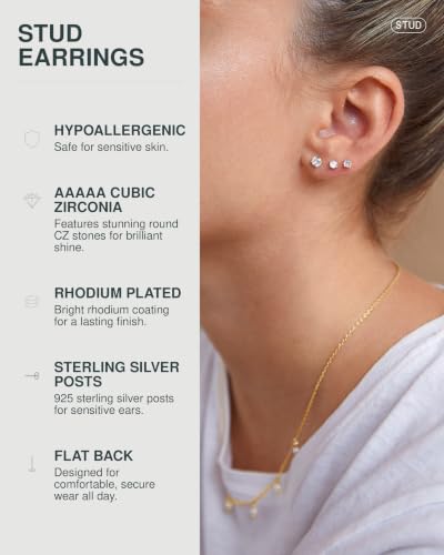 Image of PAVOI Flat Back Stud Earrings for Women, 14K Gold Plated CZ Cartilage Studs