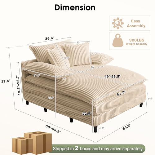 Image of WESTSETLUX 54.8 inch W Oversized Chaise Lounge Chair Indoor with 5-Position Adjustable Backrest, Corduroy Sleeper Sofa Bed with 3 Pillows, Modern Cloud Couch Chair for Living Room, Bedroom, Khaki