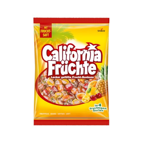 California Früchte – 1 x 1000g Vorratspackung – Gefüllte Bonbons mit Fruchtsaft – In vier verschiedenen Sorten