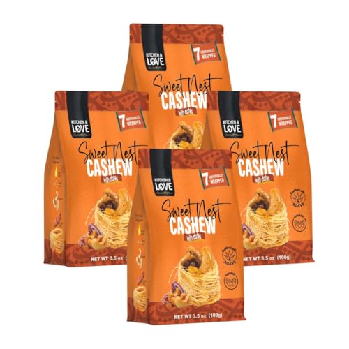 Kitchen & Love Sweet Kunafa Nests Pastry Snack, Cashew & Dates, Individually Wrapped Single Serve, 4 x 3.5 oz