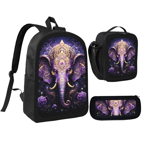 Animal Purple Elephant 3 Pcs 17 Inches Backpack Set With Insulated Lunch Bag And Pencil Pouch Large Back Pack For Men Women Lunchbox Pencil Case Waterproof Backpacks Lunch Box 3 Piece Daypacks