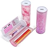 NBX NewmeBox Multifunctional Pencil Case with Quicksand, Calculator, Mirror, Clear Pen Box Pouch, Cute Desk Organizer, Standing cylinder Shape for Girls, Boys, School Supplies(Sakura forest)
