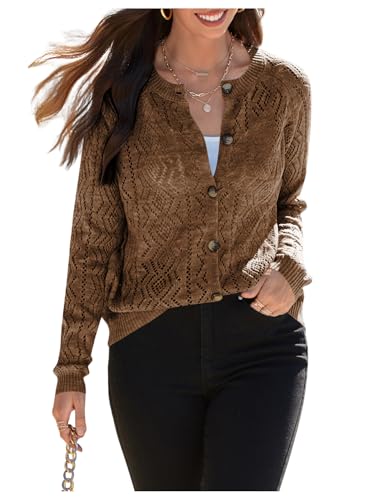 Image of OYOANGLE Women's Crochet Knit Lightweight Cardigan Button Down Long Sleeve Cardigans Sweater Tops
