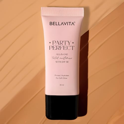 Image of BELLAVITA Party Perfect All-in-one Tinted Moisturizer with SPF 30 | Hydrating Skin Tint, Face Primer & Sunscreen | Lightweight Formula with Adaptive Tint for Natural, Dewy Glow | 30ml (Light Shade)