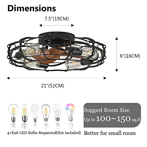 7Pmbeane 21" Caged Ceiling Fans With Lights, Rustic Enclosed Low Profile Ceiling Fan With Lights And Remote, 6 Wind Speeds, Industrial Ceiling Fan With Light For Bedroom, Living Room, 1-4H Timing #TOP4
