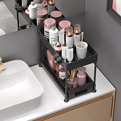 SPACEKEEPER Under Sink Storage Shelf,2 Tier Slide Out Under Cabinet Basket Drawer,Multi-Purpose Slim Organizer for Kitchen Bathroom,Bottom Slide Out Basket,40x22x31cm,Black