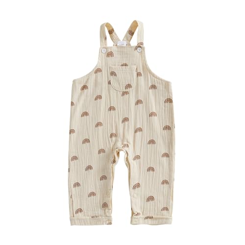 BSaogr Newborn Baby Girls Boys Cotton Gauze Overall Jumpsuit Rainbow Printed Adjustable Suspenders Pants with Front Pocket (Apricot, 12-18 Months)