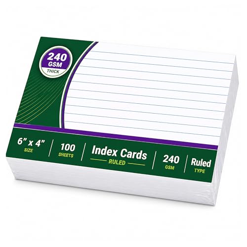 6x4 White Index Cards (6 x 4 / 15.2 x 10.2 cm) 100 Sheets 240 GSM Thick Ruled Flashcards White Note Cards for Study Revision Office & School
