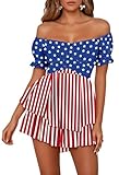 Fixmatti Womens Fourth of July Shorts Jumpsuit Cold Shoulder Short Sleeve Ruffle Layer Tie Rompers Playsuit Navy Blue L