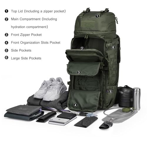 Mardingtop Plecak taktyczny, 75 l, plecak trekkingowy, zamek błyskawiczny YKK, duża pojemność, wojskowa zieleń, 75L