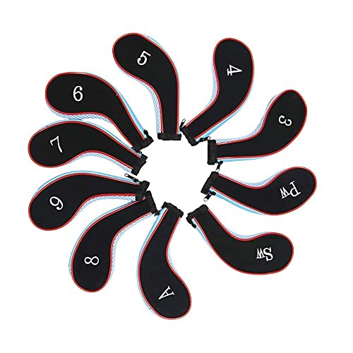 Seacloud Golf Number Print Golf Club Irons Covers Neoprene Zippered Driver Head Cover with Long Neck-Set of 10 ﻿Black Blue Red