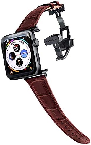 Longvadon Women's Caiman Series Watch Band - Compatible with Apple Watch 38MM (Series 1-3) & 40MM (Series 4-6) - Genuine Top Grain Leather - Mahogany Brown with Black Details - M Size