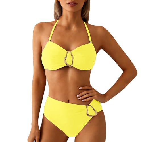Bikini Set Damen Push Up Schwimmbikini Badeanzüge Neckholder Abnehmbaren Hohe Elastische Taille Bikinihose mit V Ausschnitt Rückenverschluss Strandmode Klassisch Swimsuits