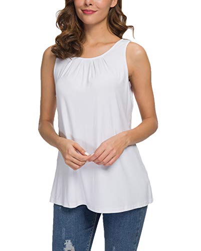 Tasamo Women's Summer Sleeveless Pleated Back Closure Casual Tank Tops (Large, White) #TOP1