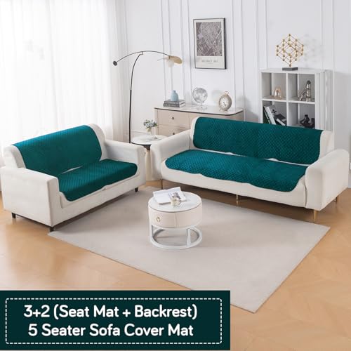 Image of HOKIPO Quilted Sofa Cover 3 Seater and 2 Seater Set - 5 Seater Sofa Cover (3+2) for Seat & Back | 'Quilt Classic' Teal (IN-927 * 2+926 * 2-Teal)