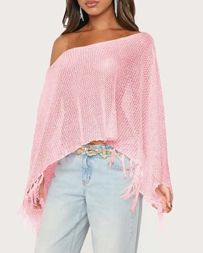 Womens Summer One Shoulder Knit Sheer Poncho Trendy Lightweight Boat Neck Fringe Pullover Sweaters2