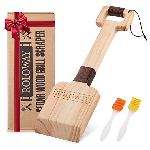 ROLOWAY Cedar Wood Grill Scraper, Wooden Grill Cleaner Scraper, Grill Brush Wood BBQ Scraper, Natural/Safe/Bristle-Free Wooden Barbecue Grill Grate Cleaner with Gift Box & 2 Basting Brushes