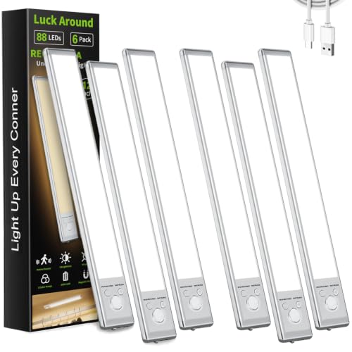 Image of LUCK AROUND 6 Pack Under Cabinet Lighting, Motion Sensor Light, 12-Inch Rechargeable LED, Battery Powered White