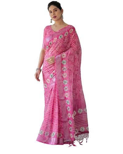 Image of Kaugalian store Linen Cotton Floral Printed Saree for Women with Unstitched Blouse Piece | 5.5 M Saree & 0.8 M Blouse