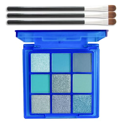 EONFAVE Palette de fards à paupières, 9 couleurs, bleu, vert, doux, mat, brillant, imperméable, hautement pigmenté, métal flash, avec 3 brosses (bleu ciel)