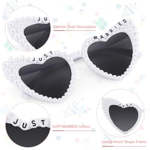 Etercycle Heart Sunglasses, Just Married Women's Sunglasses Bride Gifts, Bridal White Glasses Vintage Pearl Sun Glasses For Bachelorette Party Decorations3