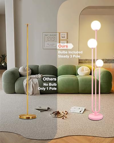 Image of 63IN 3-Light Dimmable Pink Floor Lamp, Unique Tall Standing Lamps with 3000K G9 Bulbs for Reading, Mid Century Modern Floor Lamp with 5Lbs Heavy Base for Living Room Bedroom Office
