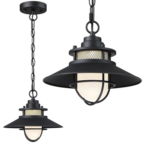 Image of Black Farmhouse Outdoor Pendant Lights For Porch Hanging Lantern Rustic Barn Style Ceiling Mount Light-Outdoor Hanging Light For Patio Entrance Outside Exterior Pendant For Front Door, E26