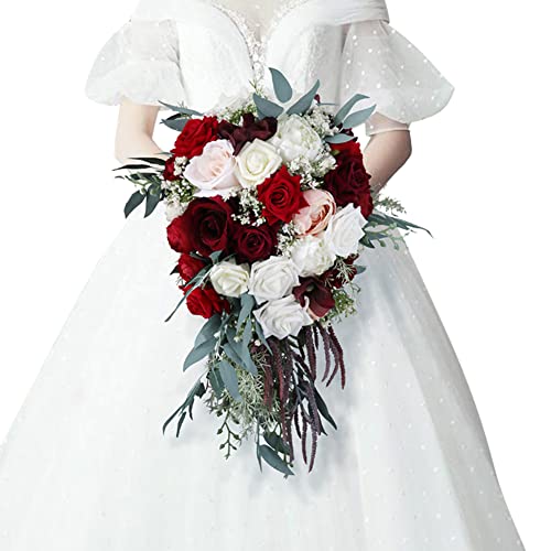 EUBUY Wedding Bouquets for Bride, 10 Inch White and Wine Red Artificial Roses Flowers Water Drops Wedding Toss Bouquet Rustic Waterfall Cascading Bridal Bouquets for Bride Wedding Favors Supplies