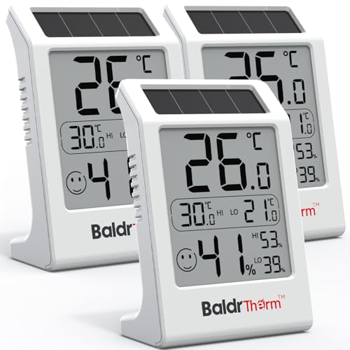BaldrTherm Room Thermometer Indoor Humidity Meter, Solar-Powered 3.2'' Digital Temperature Sensor Monitor with Max/Min Reading, Comfort Indicator for Baby Room, Home, Office, White, 3Pack