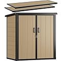 DWVO 51 cuft Outdoor Storage Shed with 2 Shelves, Weatherproof Vertical Tool Shed with Floor & Lockable Doors, Sturdy Double-Wall Plastic Cabinet for Garbage Cans and Garden Equipment (Brown)