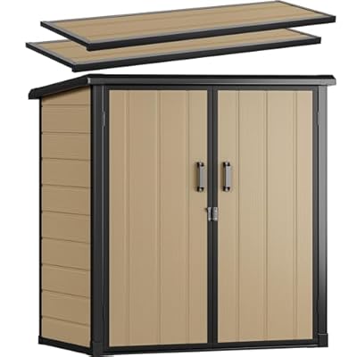 DWVO 51 cuft Outdoor Storage Shed with 2 Shelves, Weatherproof Vertical Tool Shed with Floor & Lockable Doors, Sturdy Double-Wall Plastic Cabinet for Garbage Cans and Garden Equipment (Brown)