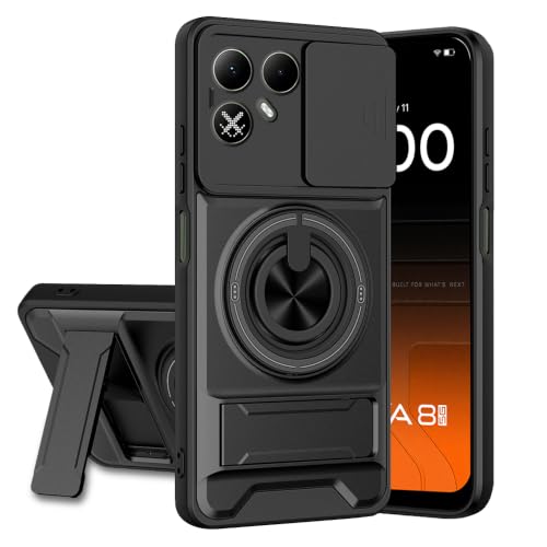 Image of Tecno Pova 8 5G Back Cover | Armor Camera Slider 360 Degree Rotating Finger Ring Holder Case with Bracket Stand Back Case Cover (Compatible with MagSafe Accessories) (Black)