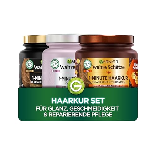 Garnier Wahre Schätze Haarkur Set - 3x 340ml - Reiswasser, Akazienhonig & Anziehende Aktivkohle - Für Glanz, Geschmeidigkeit & Reparierende Pflege